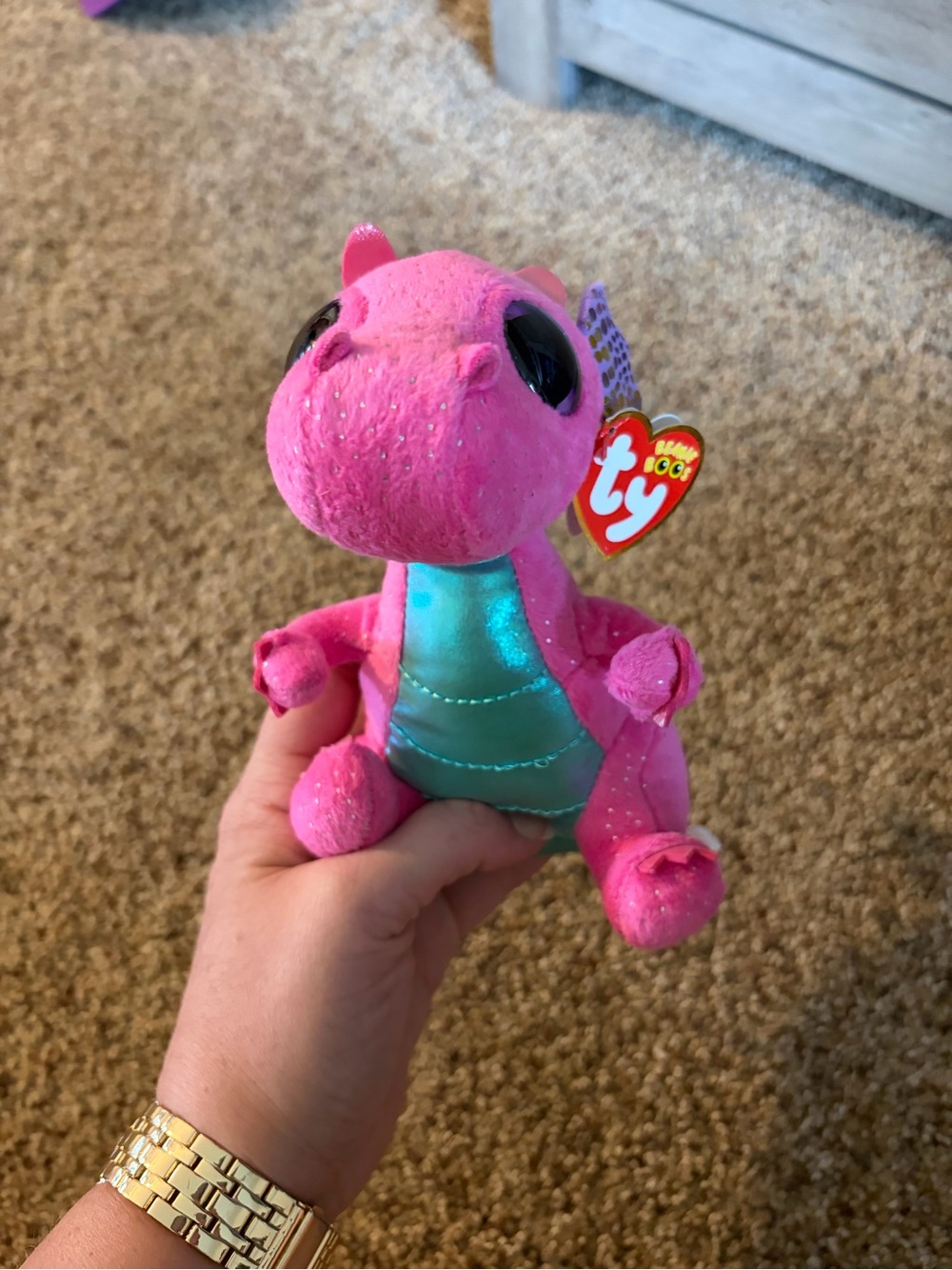 Ty Pink Dragon Plush with Teal Belly and Glitter Eyes